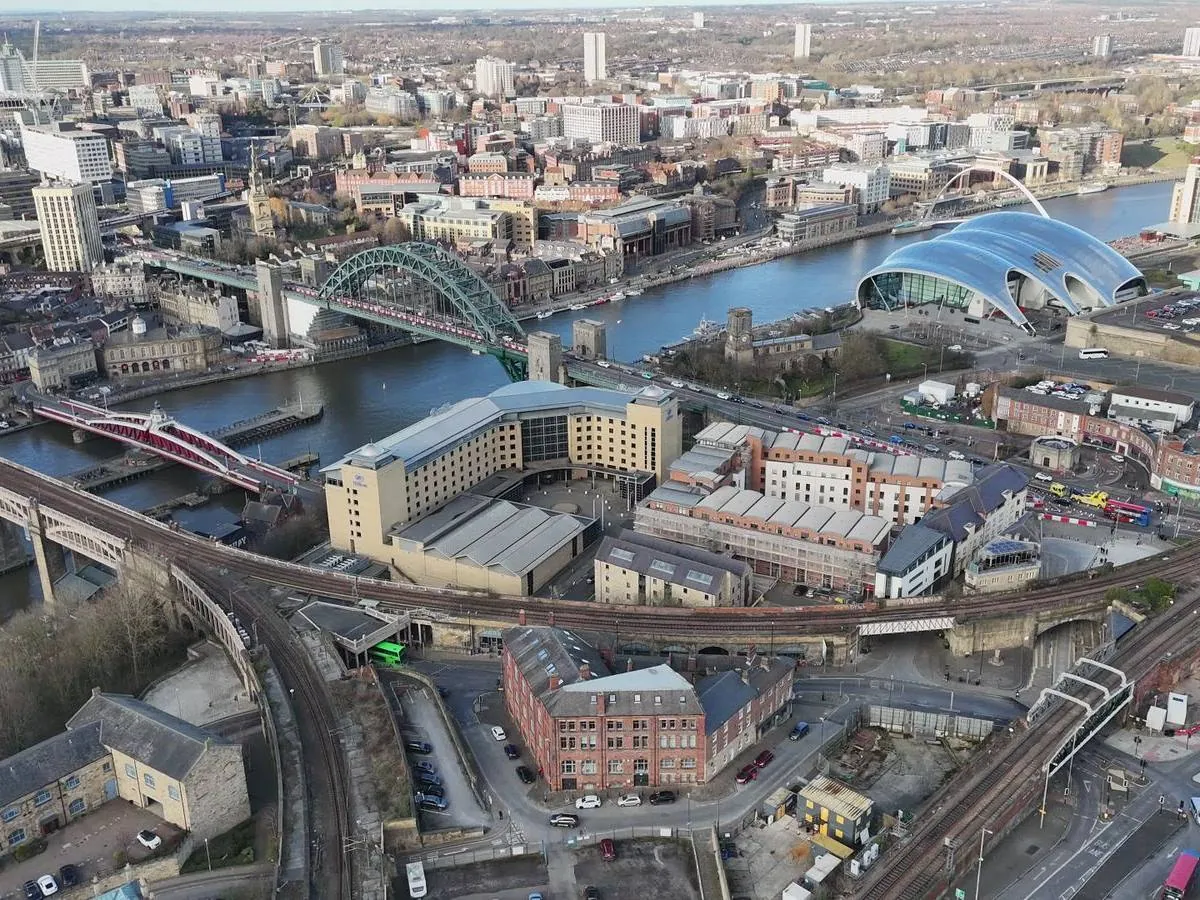 Aerial view of Newcastle and Gateshead along the River Tyne